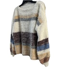 Venus sweater women's M pullover striped eyelash knit puff sleeve boatneck‎